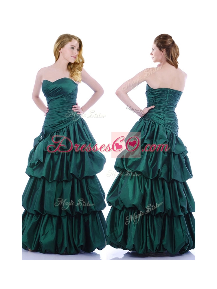 New Style A Line Ruched and Bubble Prom Dress in Hunter Green
