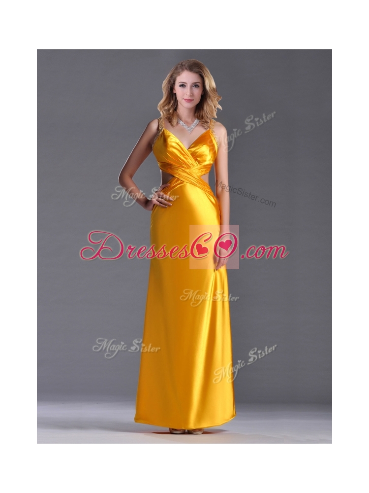 New Style Beaded Decorated Straps Criss Cross Prom Dress in Gold