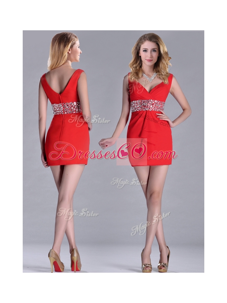 New Style Beaded Decorated Waist V Neck Prom Dress in Red