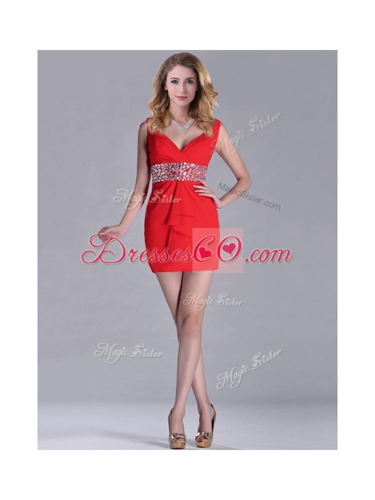 New Style Beaded Decorated Waist V Neck Prom Dress in Red