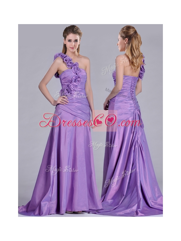 New Style Brush Train Lilac Prom Dress with Hand Made Flowers Decorated One Shoulder
