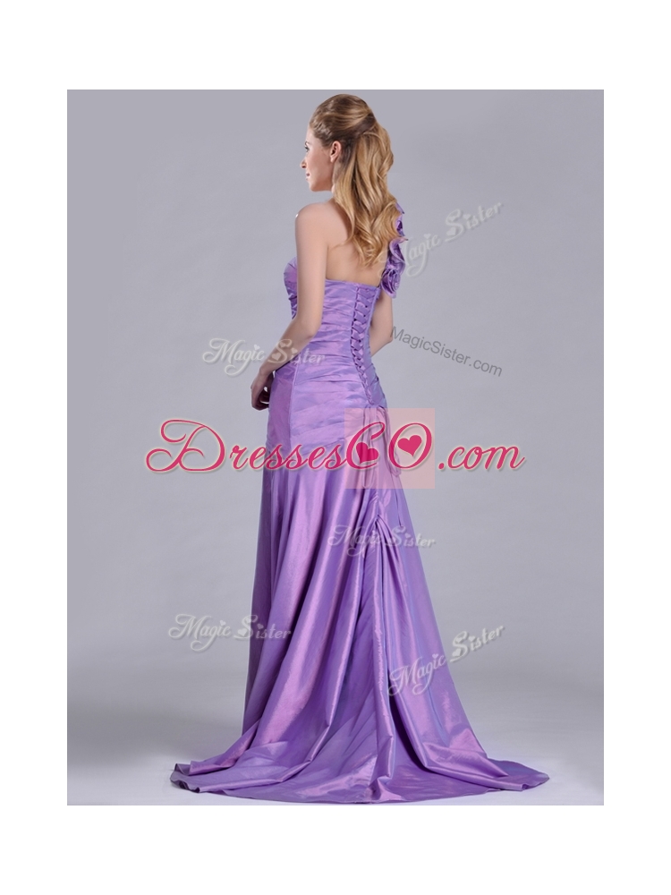 New Style Brush Train Lilac Prom Dress with Hand Made Flowers Decorated One Shoulder