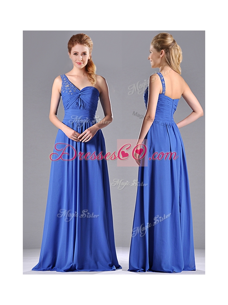 New Style Chiffon Beading and Ruching Blue Prom Dress with One Shoulder