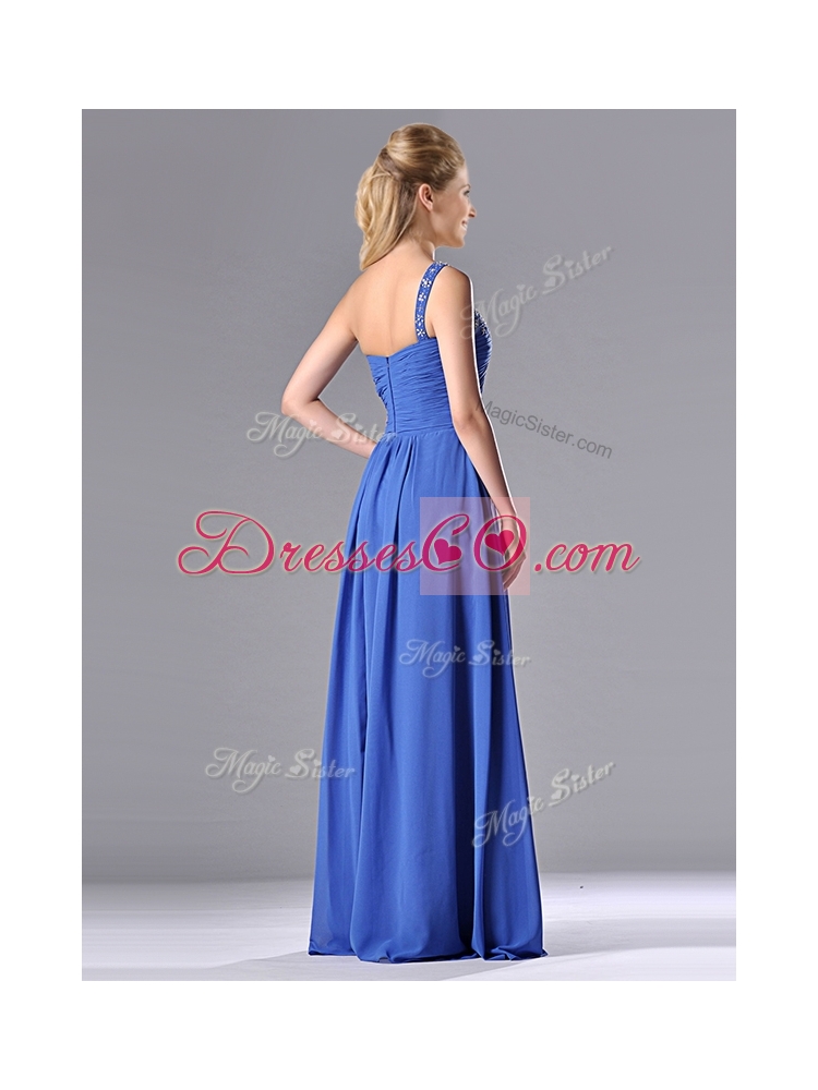 New Style Chiffon Beading and Ruching Blue Prom Dress with One Shoulder