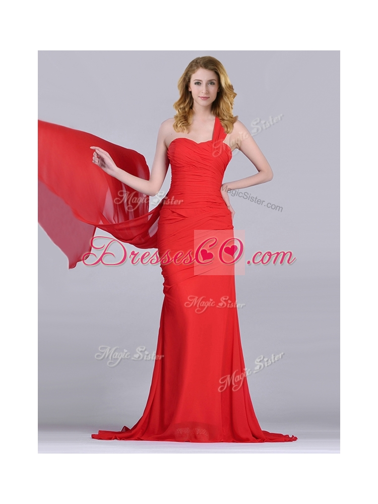 New Style Column One Shoulder Watteau Train Coral Red Prom Dress with Side Zipper