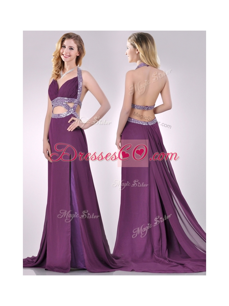 New Style Cut Out Waist Halter Top Prom Dress with Brush Train