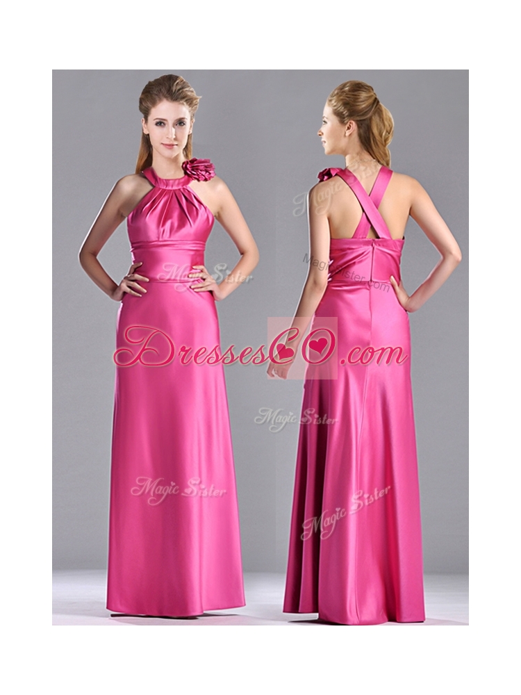 New Style Hand Crafted Flowers Hot Pink Prom Dress with Criss Cross