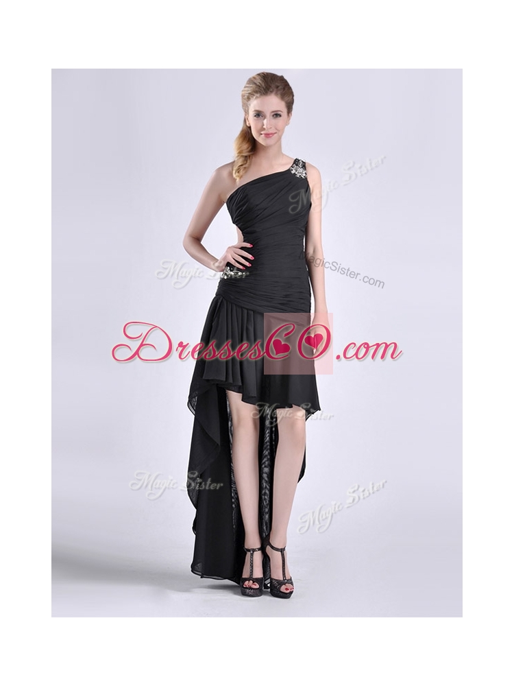 New Style High Low One Shoulder Black Prom Dress with Criss Cross