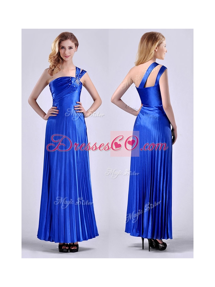 New Style Royal Blue Ankle Length Prom Dress with Beading and Pleats