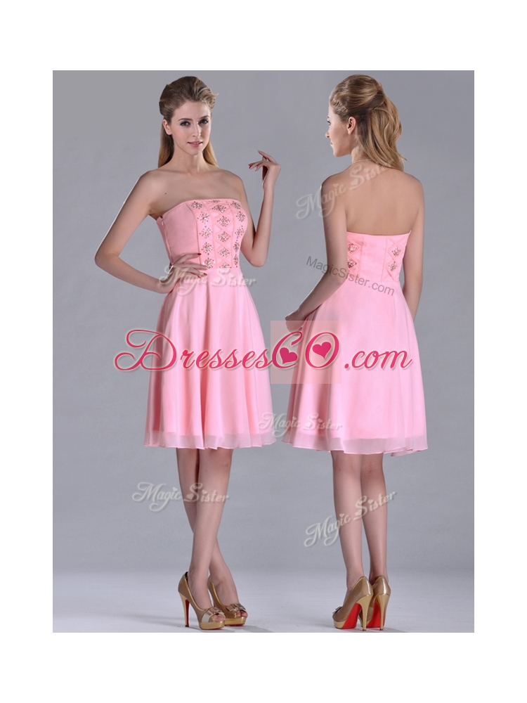 New Style Side Zipper Strapless Pink Short Prom Dress with Beaded Bodice
