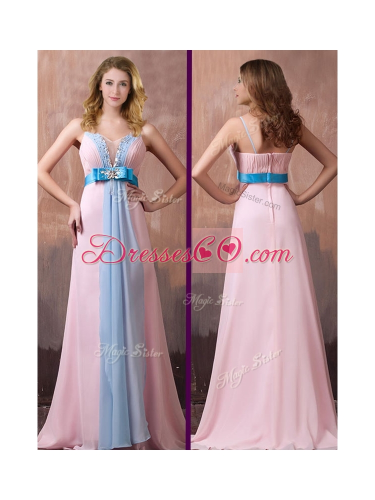 New Style Spaghetti Straps Beaded and Bowknot Prom Dress with Brush Train