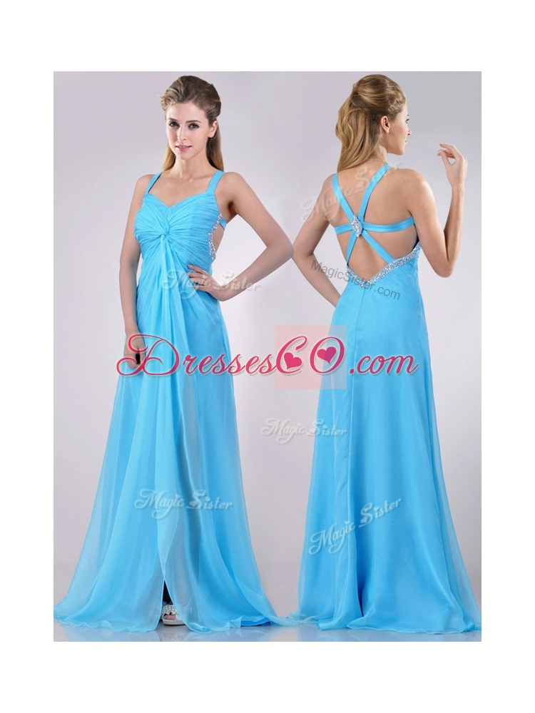 New Style Straps Criss Cross Beaded Long Prom Dress in Baby Blue