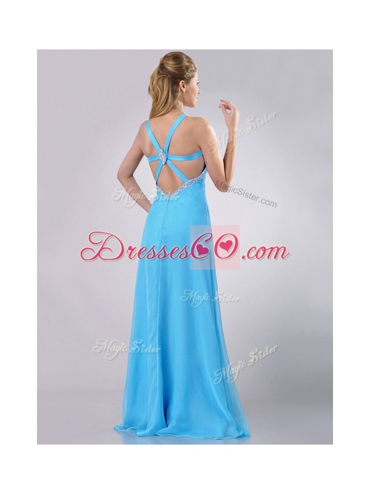 New Style Straps Criss Cross Beaded Long Prom Dress in Baby Blue