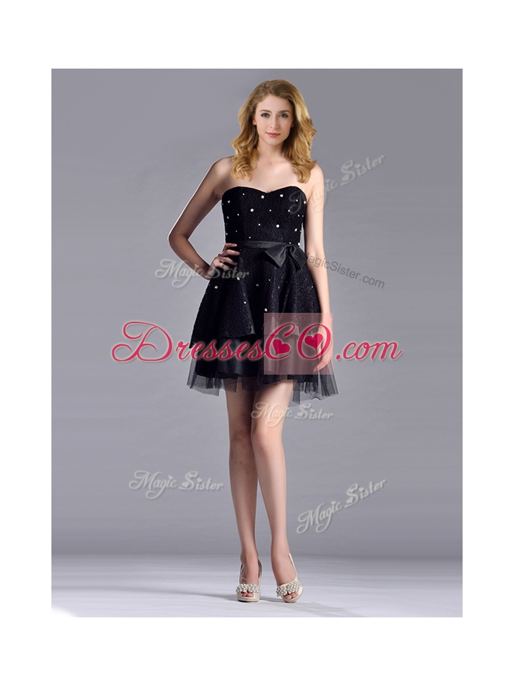 New Style Tulle Black Short Prom Dress with Beading and Belt