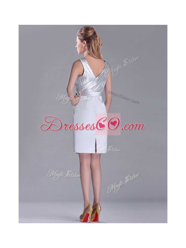 New Style V Neck Belted with Beading Prom Dress in Silver