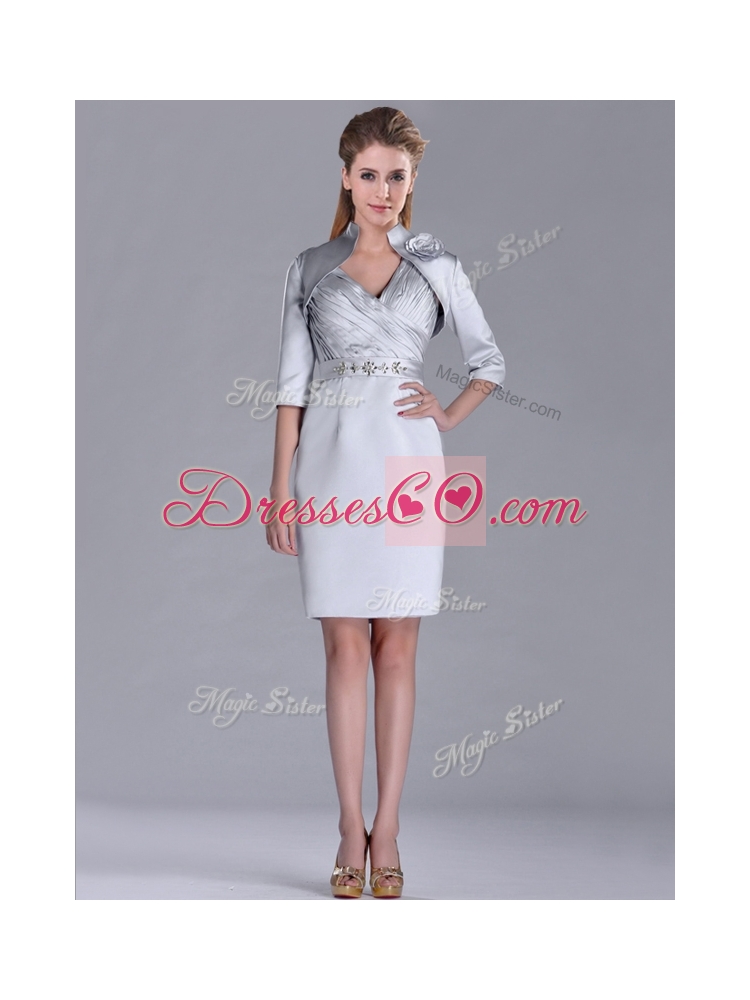 New Style V Neck Belted with Beading Prom Dress in Silver
