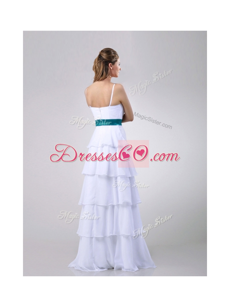 New Style White Prom Dress with Ruffled Layers and Turquoise Belt