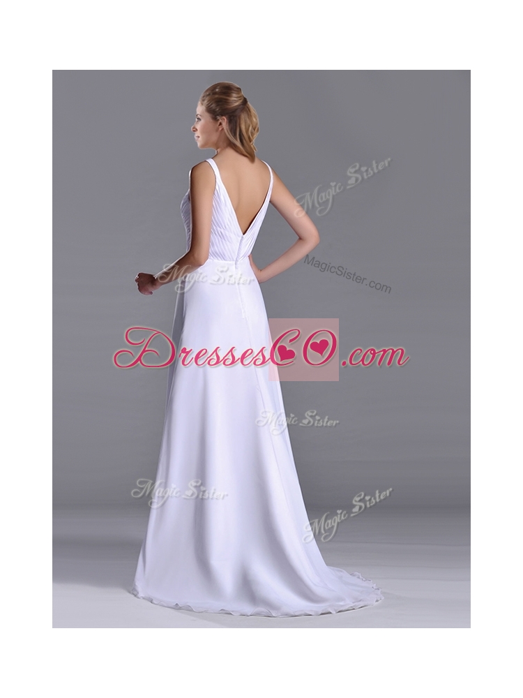 Popular Straps White Chiffon Prom Dress with Brush Train