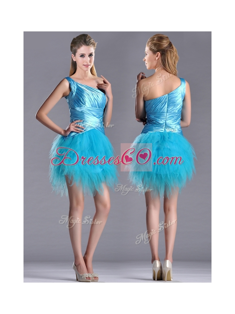 Wonderful One Shoulder Ruched and Ruffled Aqua Blue Prom Dress in Tulle