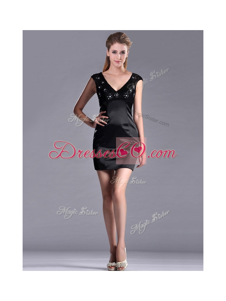 Classical V Neck Satin and Lace Prom Dress with Cap Sleeves