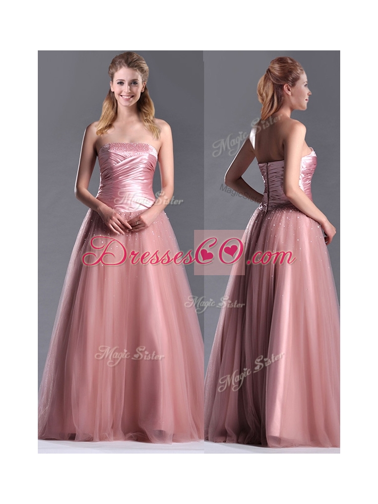 Elegant A Line Tulle Beaded Long Prom Dress in Peach