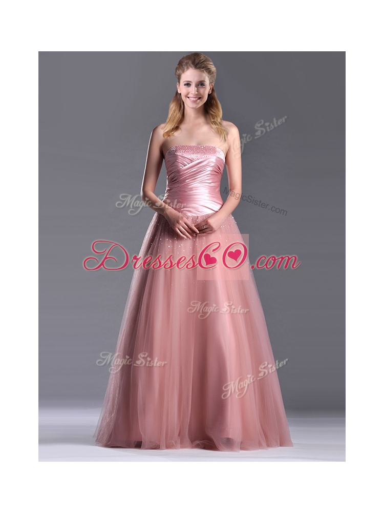 Elegant A Line Tulle Beaded Long Prom Dress in Peach