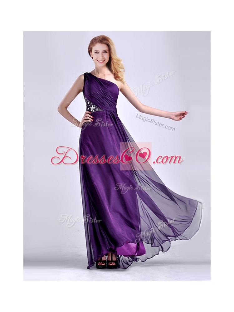 Elegant One Shoulder Criss Cross Purple Prom Dress with Beading