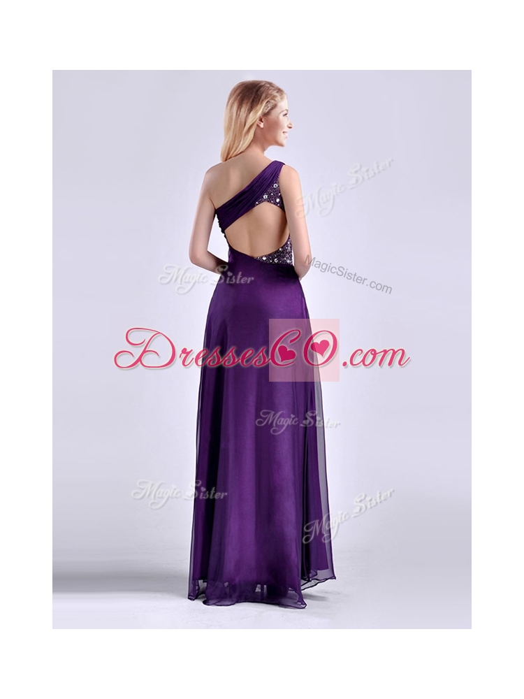 Elegant One Shoulder Criss Cross Purple Prom Dress with Beading