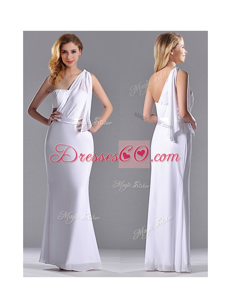 Exclusive Column White Chiffon Backless Prom Dress with One Shoulder