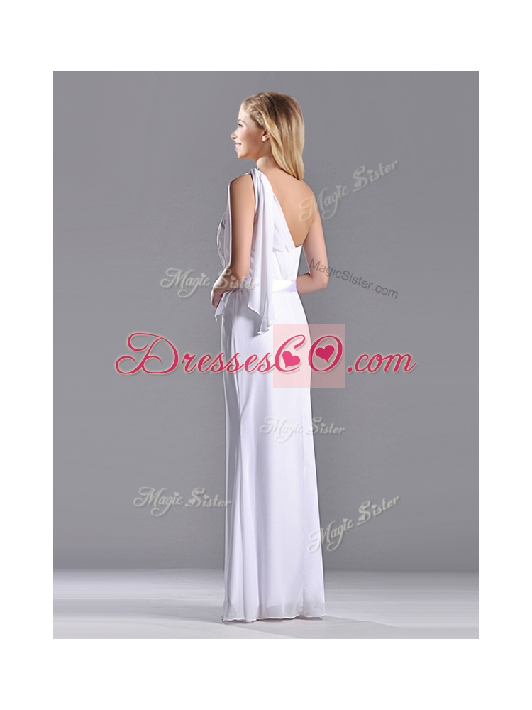 Exclusive Column White Chiffon Backless Prom Dress with One Shoulder