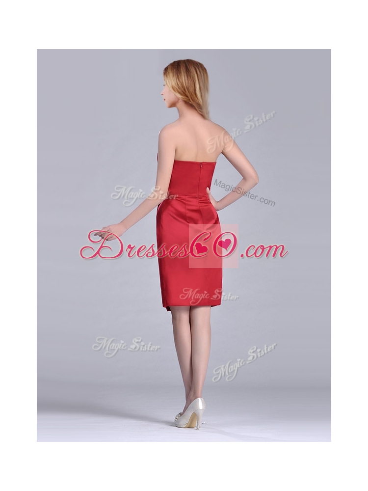 Low Price Red Column Satin Knee Length Prom Dress with Ruffles