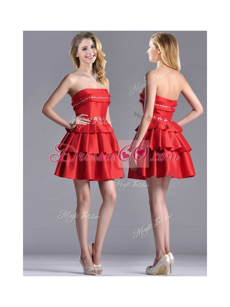 New Arrivals Red Strapless Prom Dress with Ruffled Layers and Beading