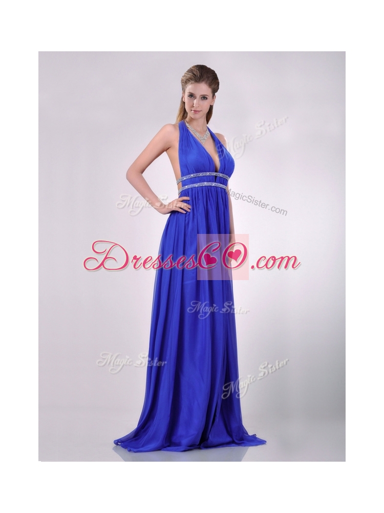 New Halter Top Blue Backless Prom Dress with Beading and High Slit