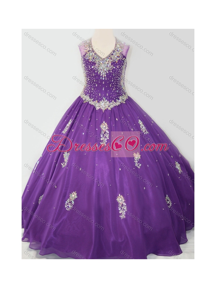 Cheap Ball Gown V Neck Organza Beaded and Applique Little Girl Pageant Dress in Purple