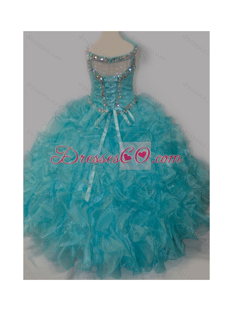 Elegant Ball Gown V Neck Organza Beading Aqua Blue Lace Up Little Girl Pageant Dress