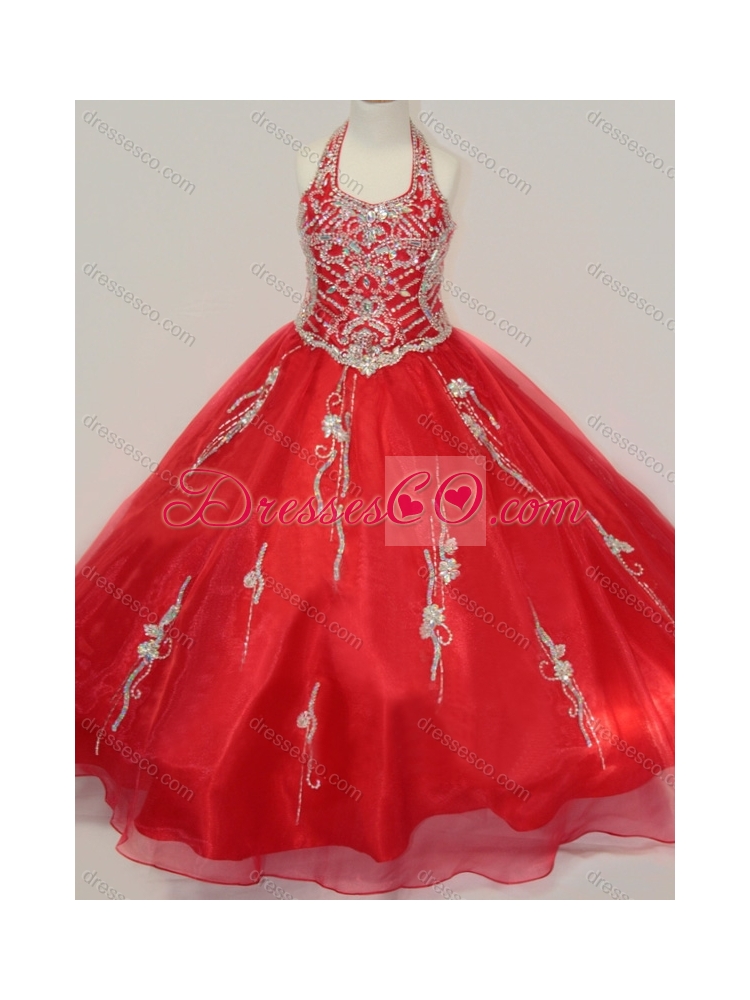 Lovely Organza Halter Top Beaded Little Girl Party Dress in Red