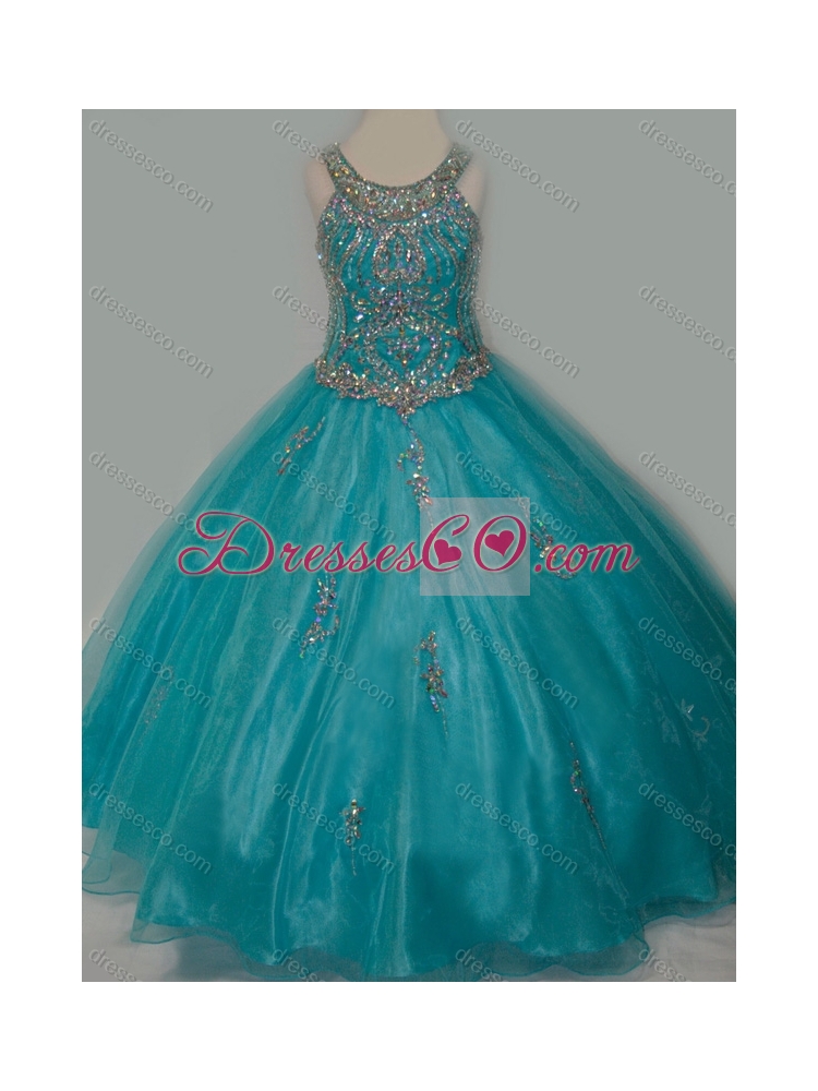 New Arrival Ball Gown Scoop Organza Long Lace Up Little Girl Pageant Dress with Beading