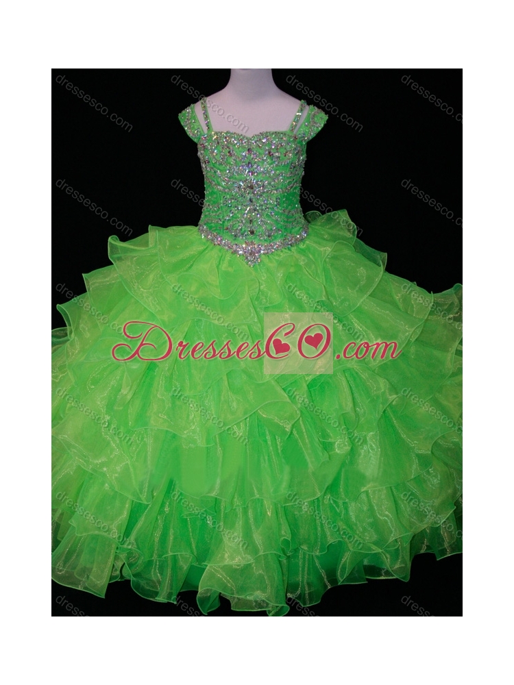 Perfect Ruffled Layer Little Girl Pageant Dress with Spaghetti Straps in Spring Green