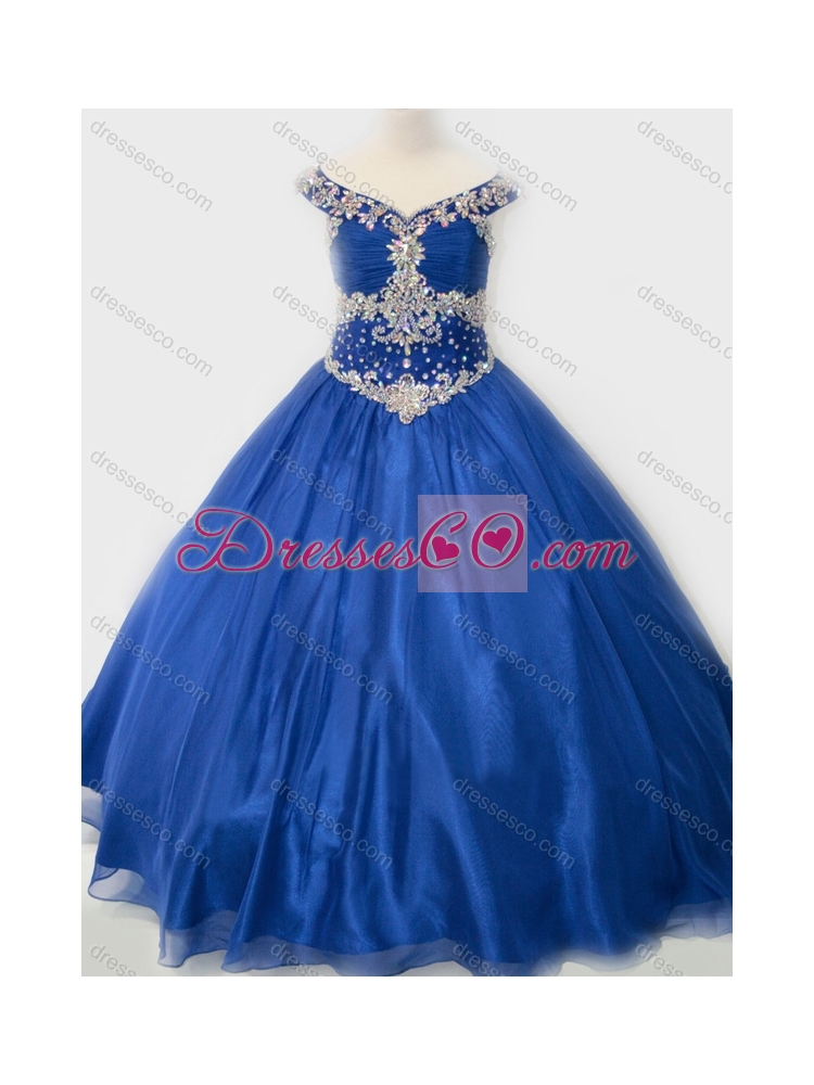Popular Beaded Bodice Royal Blue Little Girl Pageant Dress in Organza