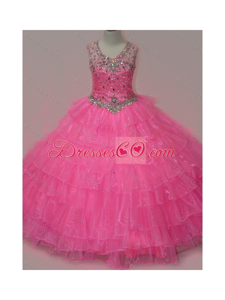 Pretty Rose Pink Little Girl Party Dress with Beading and Ruffled Layers