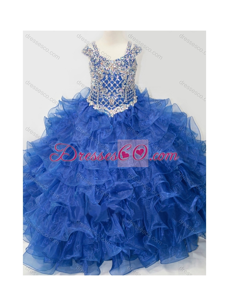 Puffy Skirt V-neck Beaded and Ruffled Layers Little Girl Pageant Dress with Straps