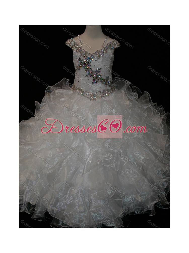 Big Puffy V-neck Ruffled Latest Flower Girl Dress with Spaghetti Straps and Sequins