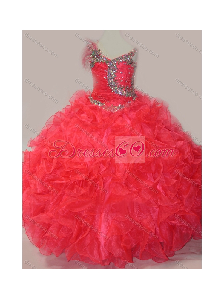 CoraL Red Ball Gown V Neck Organza Beading Little Girl Party Dress with Lace Up
