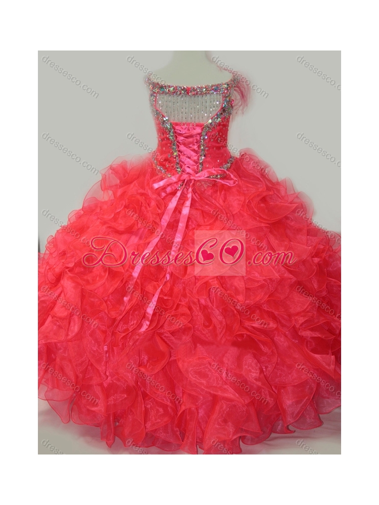 CoraL Red Ball Gown V Neck Organza Beading Little Girl Party Dress with Lace Up