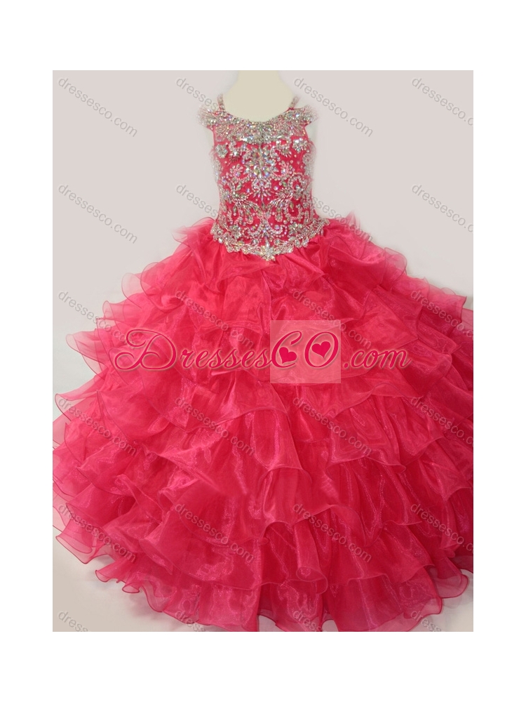 Cute Ball Gown Coral Red Beading and Ruffled Layers Little Girl Party Dress with Straps and Off the Shoulder