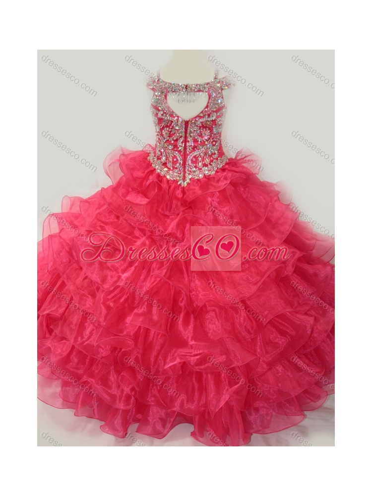 Cute Ball Gown Coral Red Beading and Ruffled Layers Little Girl Party Dress with Straps and Off the Shoulder