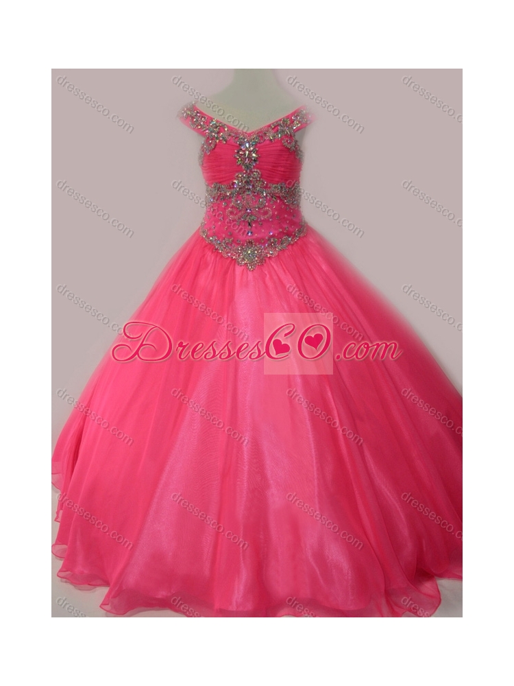 Cute Beaded Bodice Zipper Up Little Girl Party Dress in Hot Pink