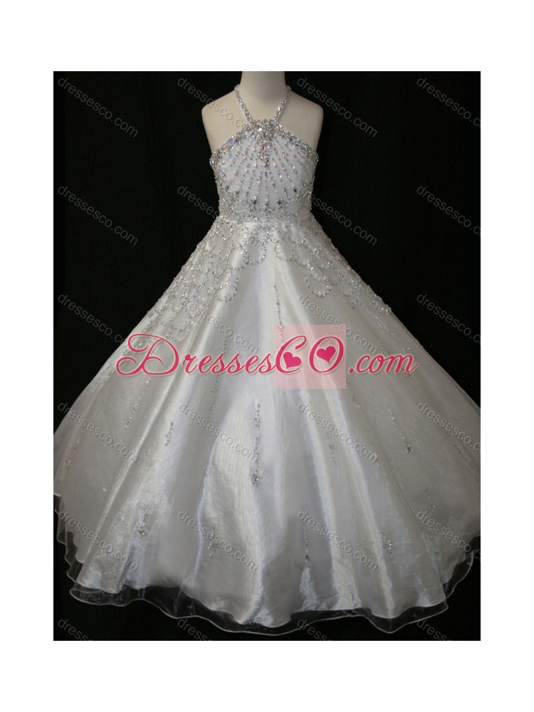 Elegant A Line Beaded Decorated Halter Top and Bodice Flower Girl Dress