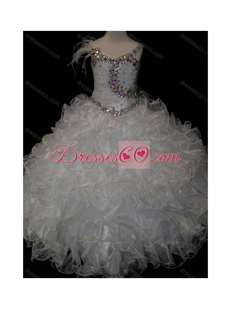 Elegant Ball Gown V Neck Organza Beading Lace Up Flower Girl Dress in White