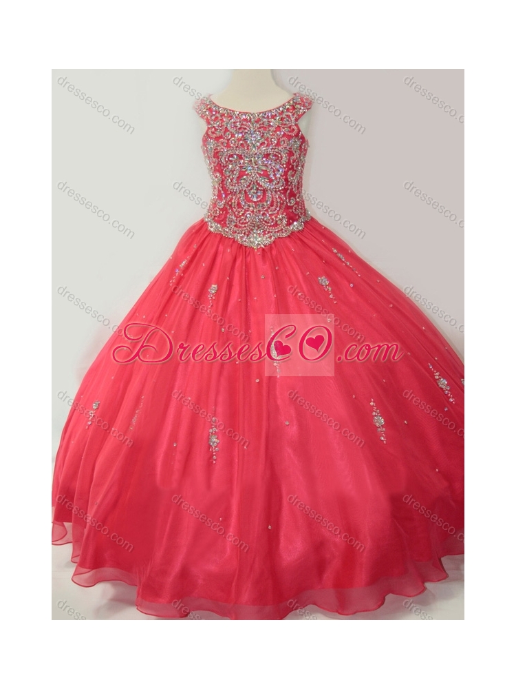 Hot Sale Puffy Scoop Little Girl Party Dress with Beading in Coral Red